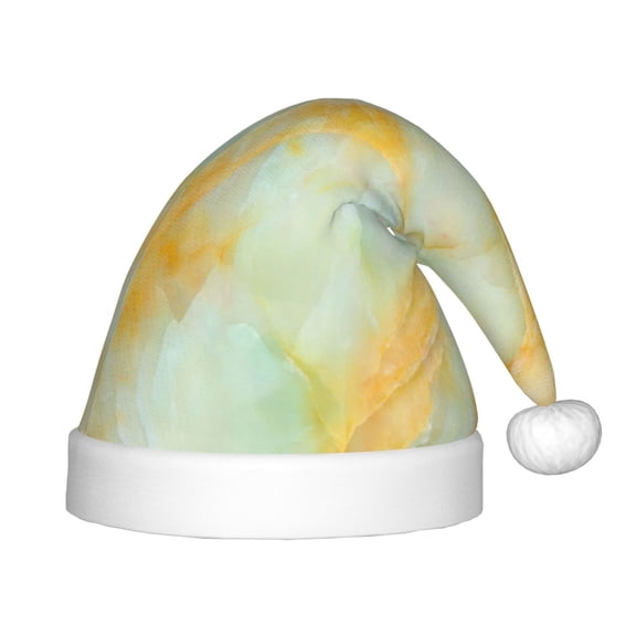 Fuzoiu Yellow With Teal Marble Print Santa Hat Christmas Hat for kids,Santa Hats with Pompom, Unisex Xmas Holiday Hat for Christmas New Year Festive Party Supplies