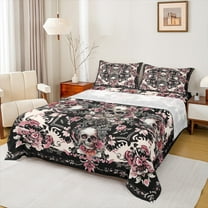 Manfei Halloween Skeleton Twin Sheet Sets,Retro Damask Print Twin Fitted Sheet,Pink Flower Floral Flat Sheet For Children,Ultra Soft Home Decor,3 Pieces