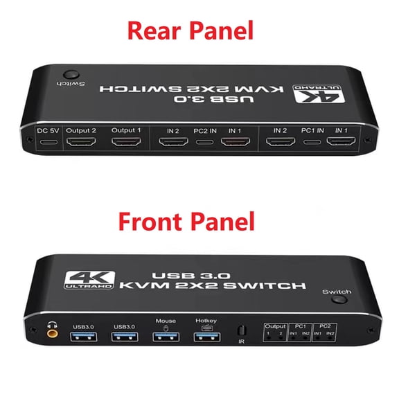 2 Ports 4K 60Hz HDMI USB KVM Switch(2 in 2 out), Dual Share One Monitor   4 USB Device, HDMI 2.0 x 4,USB-C x2, USB 3.0 x 4 (with Keyboard Hotkey)