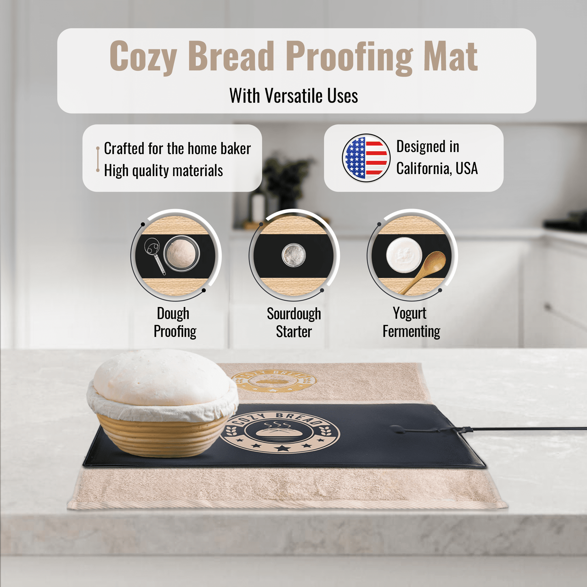 Cozy Bread® Sourdough Bread Proofing Mat for Home Bakers | USA Brand | Thermostat Controlled Bread Proofer (10" x 21") | Dough Riser Heating Mat