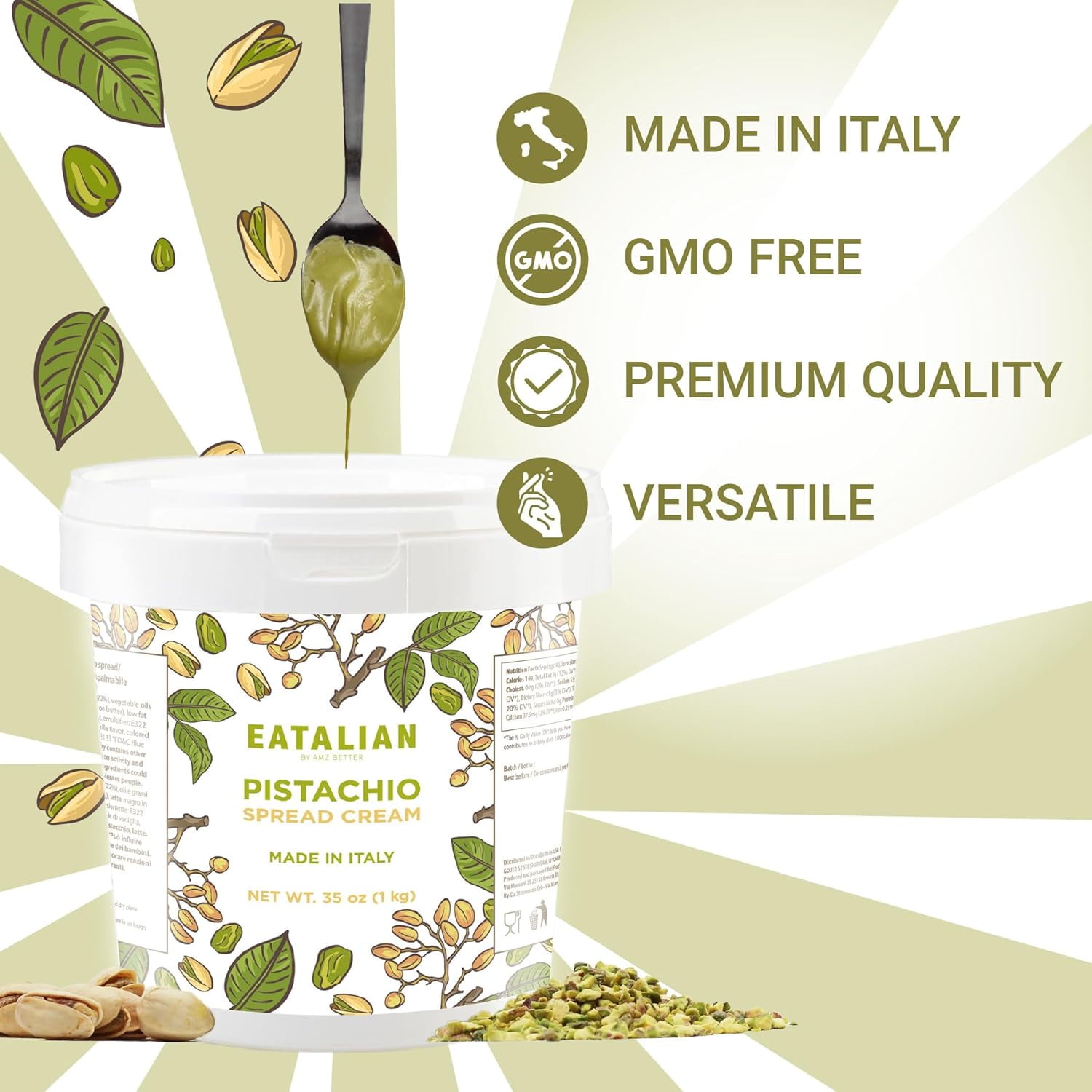 EATALIAN by AMZ BETTER Pistachio Cream, 2.2 lb/1000 g, Delicious Spreadable with a Sweet and Unique Taste, Ideal on Bread and with Ice Cream, Excellent for Dubai Chocolate, Made in Italy
