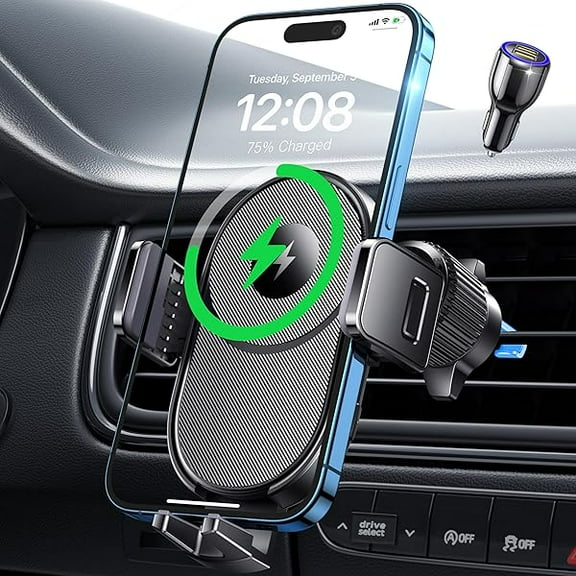 Wireless Car Charger, 15W Fast Charging Auto Clamping Car Phone Holder Wireless Charger Air Vent Car Phone Mount fit for iPhone 15 14 13 12 Mini Pro Max 11 XR XS X, Samsung Galaxy S23 S22 S21 