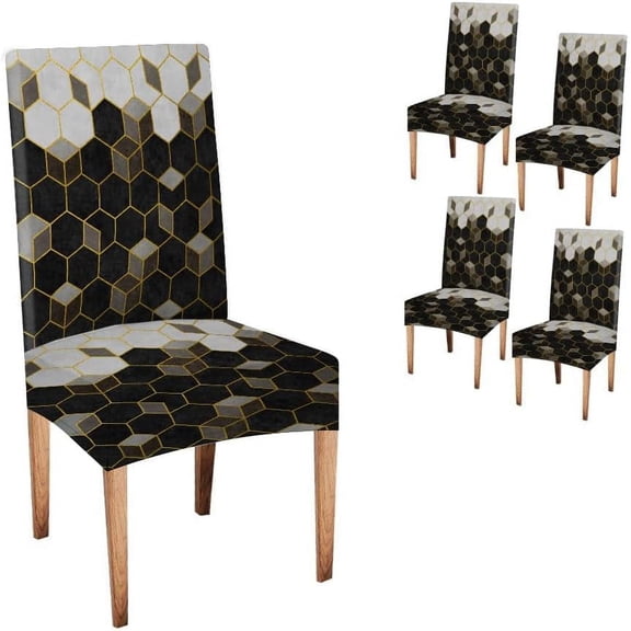 Chair Covers for Dining Room Set of 4,Hexagon Gold Cubic Spandex Stretch Dining Room Chair Cover,Removable Washable Kitchen Parsons Chair Covers Seat Slipcovers
