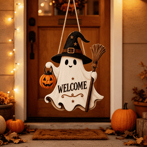 Halloween Wooden Welcome Sign Ghost Door Hanger Cute Pumpkin Lantern Wall Plaque for Front Door Porch Party Decor