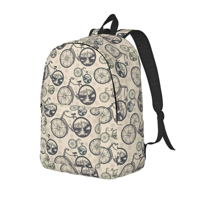 Saiise Compass And Mountains In Bicycle Wheels Print Laptop Backpack - Adjustable Shoulder Straps, Water-Resistant, Large Capacity, Stylish Design, Unisex for School, Office, Travel-Medium