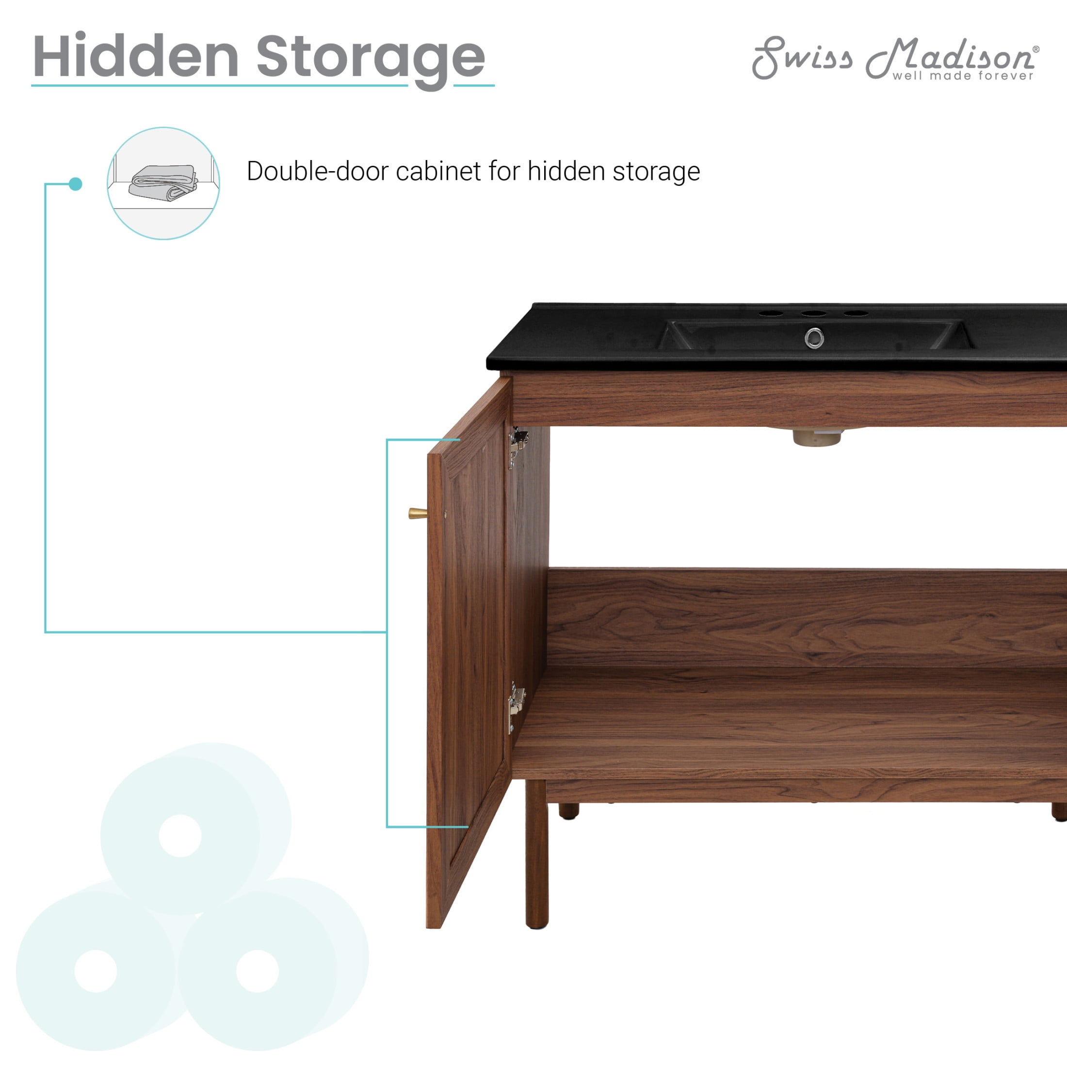 Classe 36" Freestanding Bathroom Vanity in Brown Oak with Black 3-Hole Widespread Sink Top