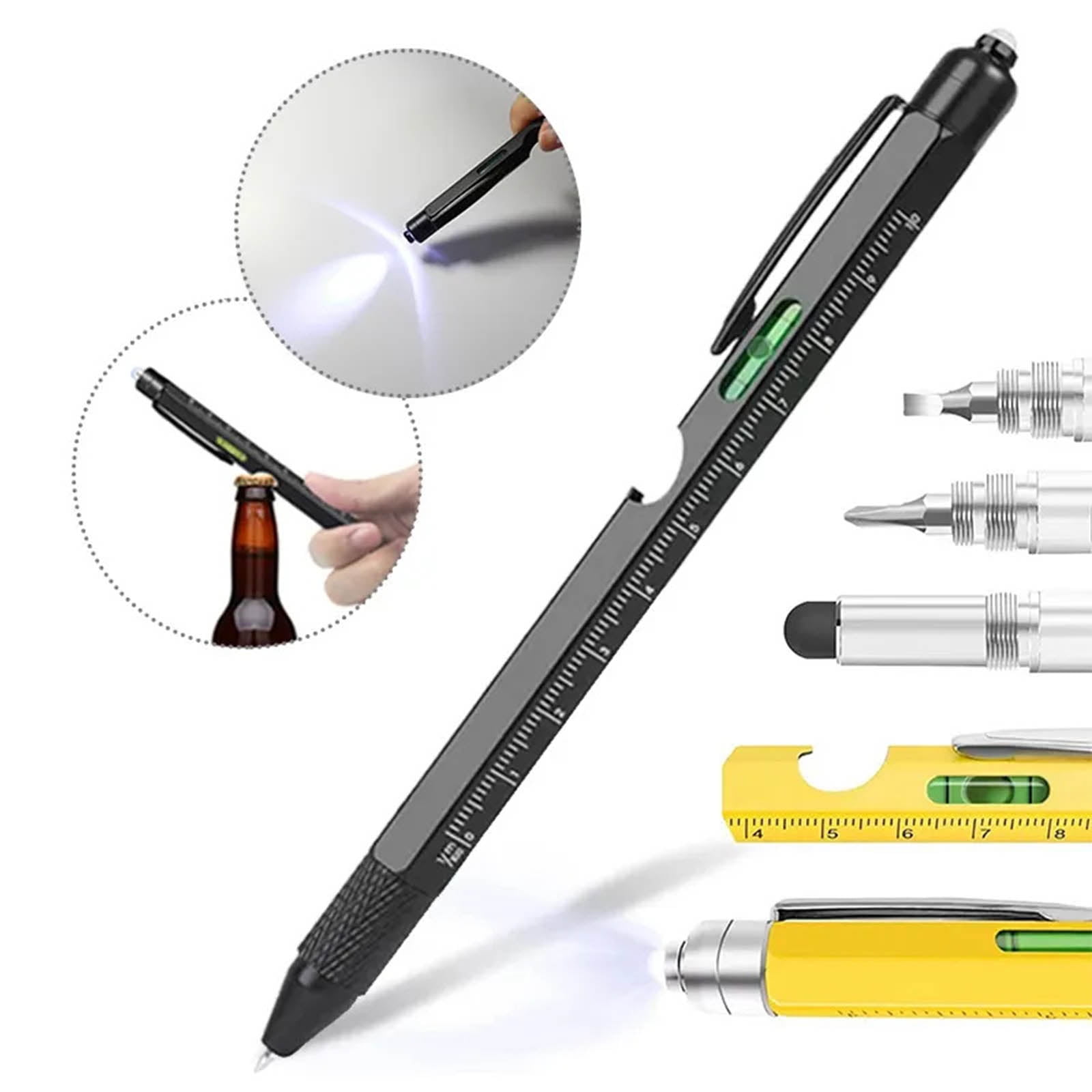 Coollooc One Pen Nine Functions -Christmas Gifts for Men, 9 in 1 Multitool Pen with LED Light, Cool Gadgets, Stocking Stuffers Gifts for Men, White Elephant Gifts for Adults(Black)