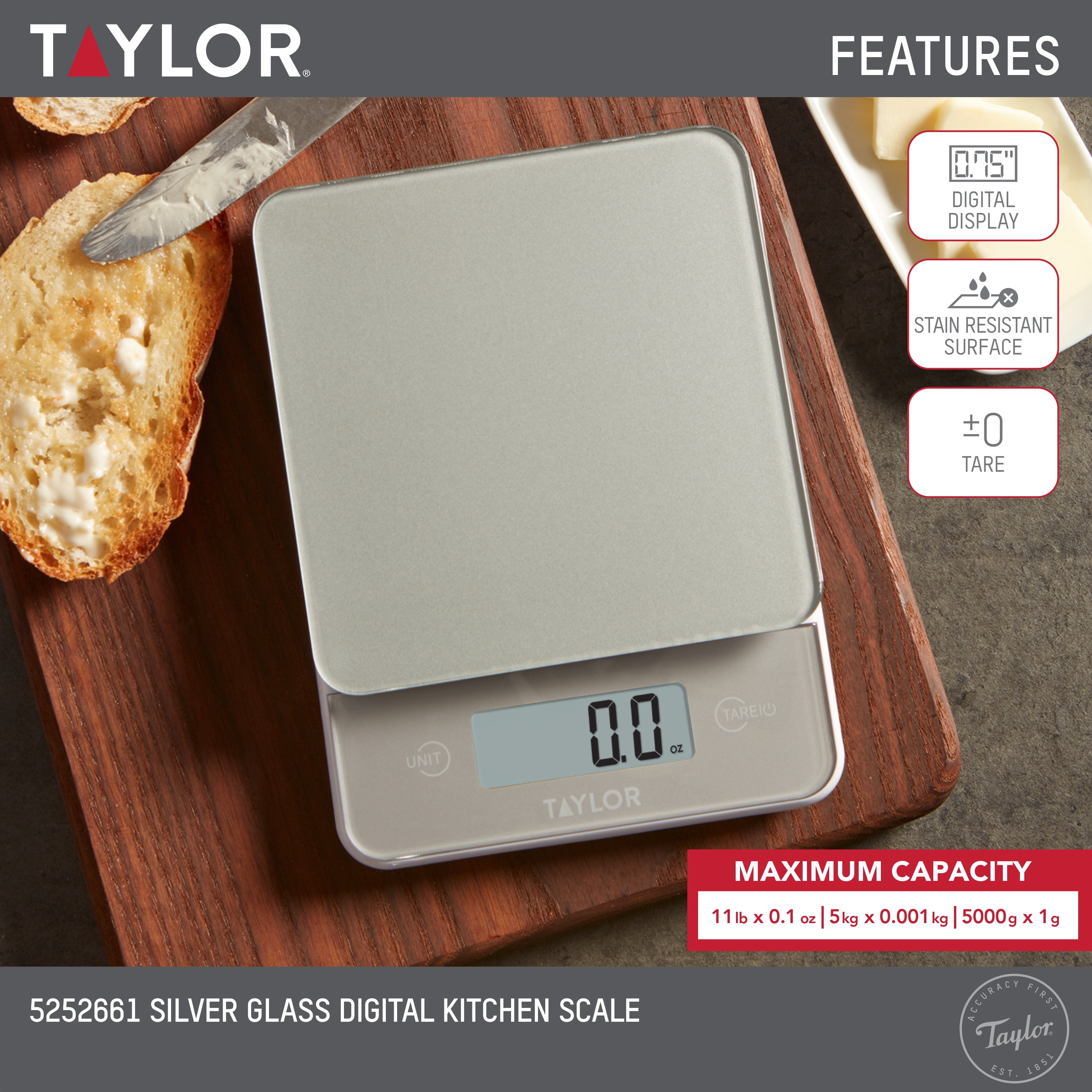 TAYLOR GLASS DIGITAL SCALE 11LB BOXED SILVER