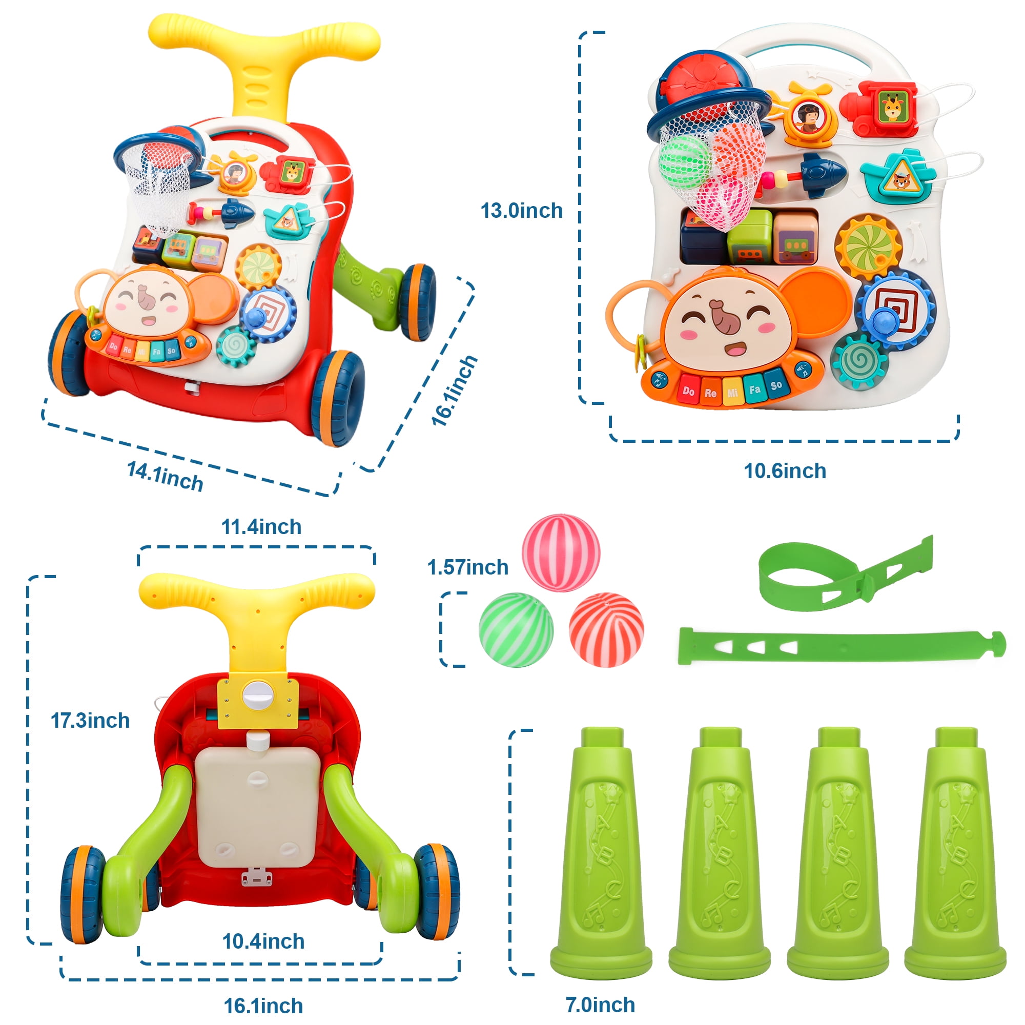 Hot Bee 3-in-1 Baby Walker and Learning Table Center, Perfect Learning Toys Christmas Gift for Infants 6-12 Months, 17.3 Inch Perfect for Early Development & Playtime for Girls Boys-Red