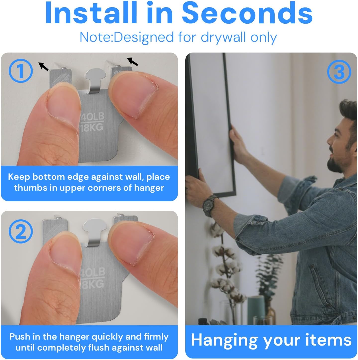 JJEAN-20 Pcs Claw Drywall Picture Hanger, Tool-Free Drywall Hooks for Hanging Pictures Holds Up to 40Lbs, No Damage Heavy Duty Wall Hanger for Hanging Picture (B)
