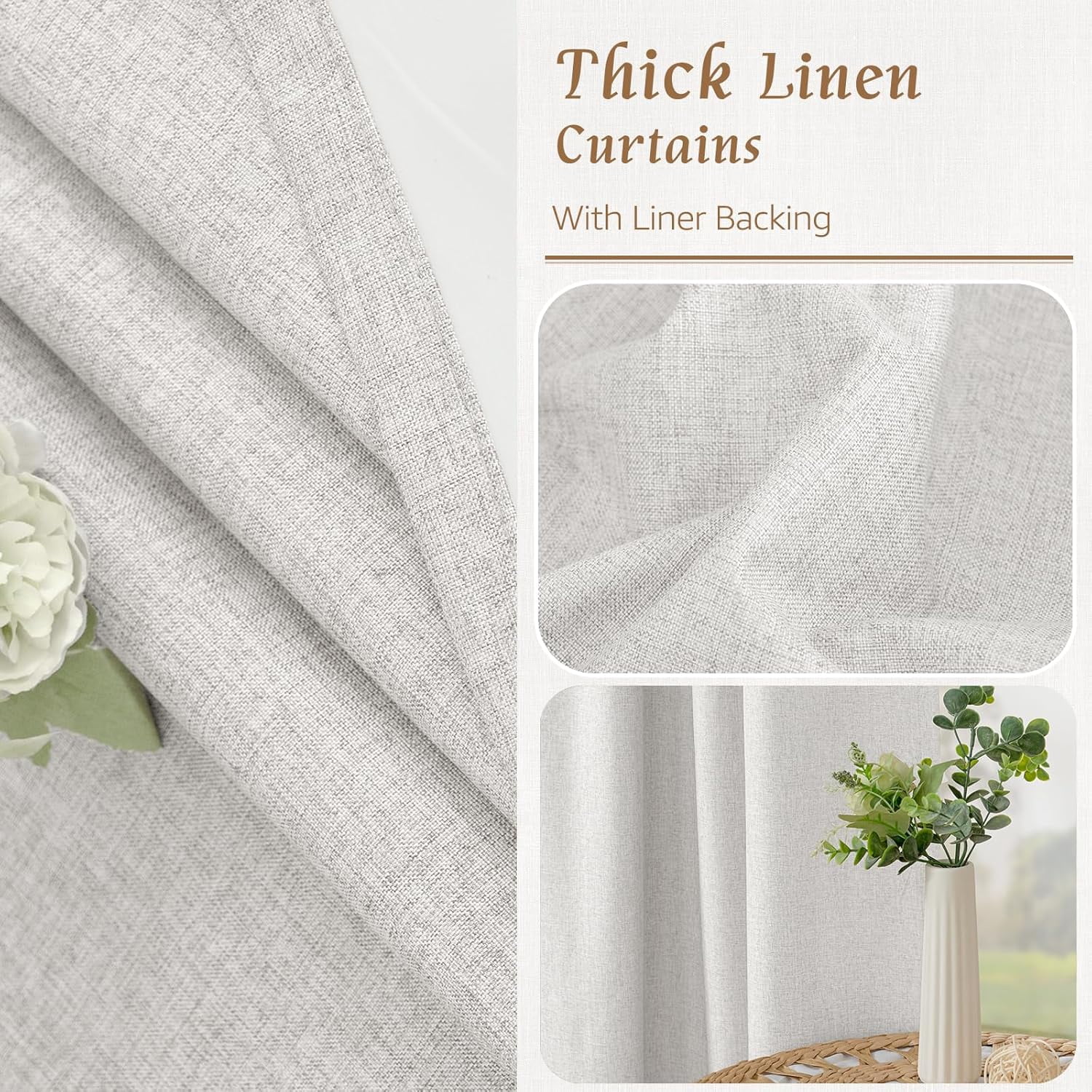 100% Blackout Natural Linen Curtains, 78 Inches Linen Textured Thermal Bedroom Curtains Back Tab and Rod Pocket Neutral Panels with White Liner for Farmhouse, 2 Panels, 52 x 78 Inch, Light Grey