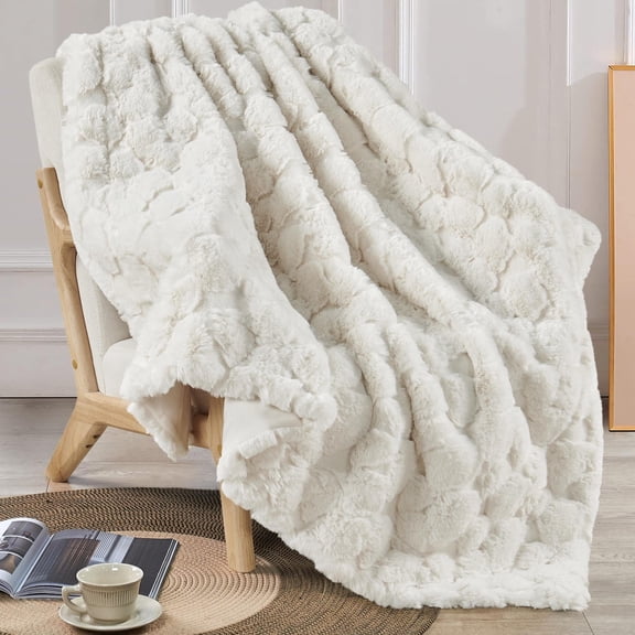 Home Soft Things Cloud Carved Faux Fur Embossed Throw Blanket with Micromink Back, Luxury Soft Cozy Plush Fluffy Fuzzy Reversible Thick Warm Throw Blanket, 60x70 inches, White