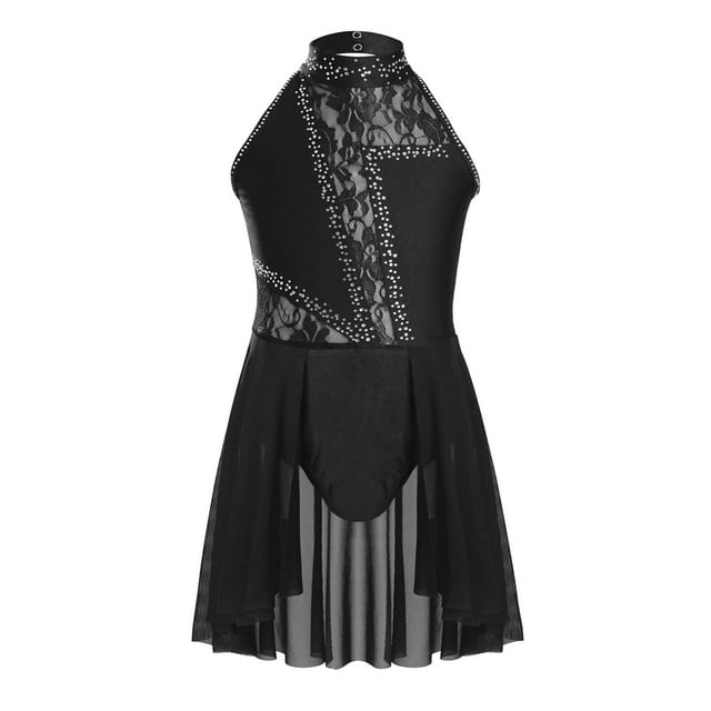 Aislor Robe de Danse Lyrique Moderne pour Filles, Robe Justaucorps en Dentelle Florale, Jazz Latin, Ballet, Noir 12