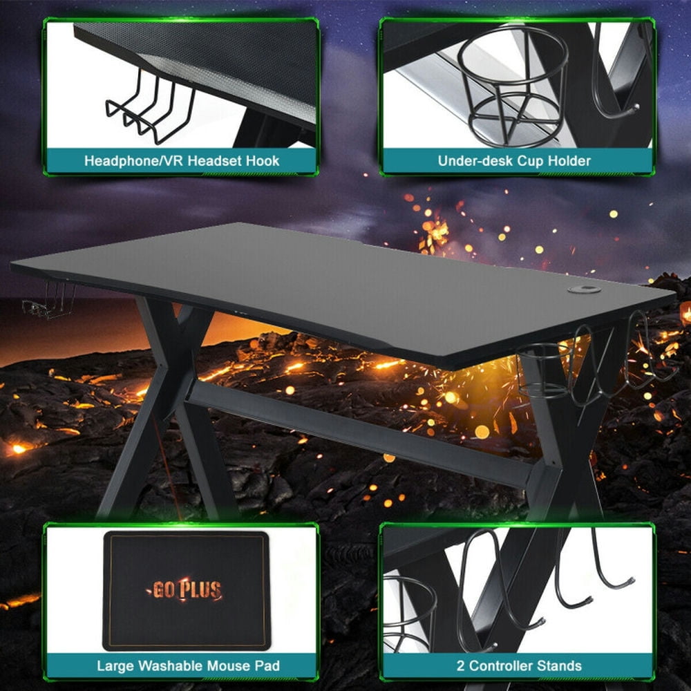 Demi Bonn Ergonomic Gaming Desk with Mousepad and Cup Headphone Holder, Small Home Office Desk Study Writing Table, Black