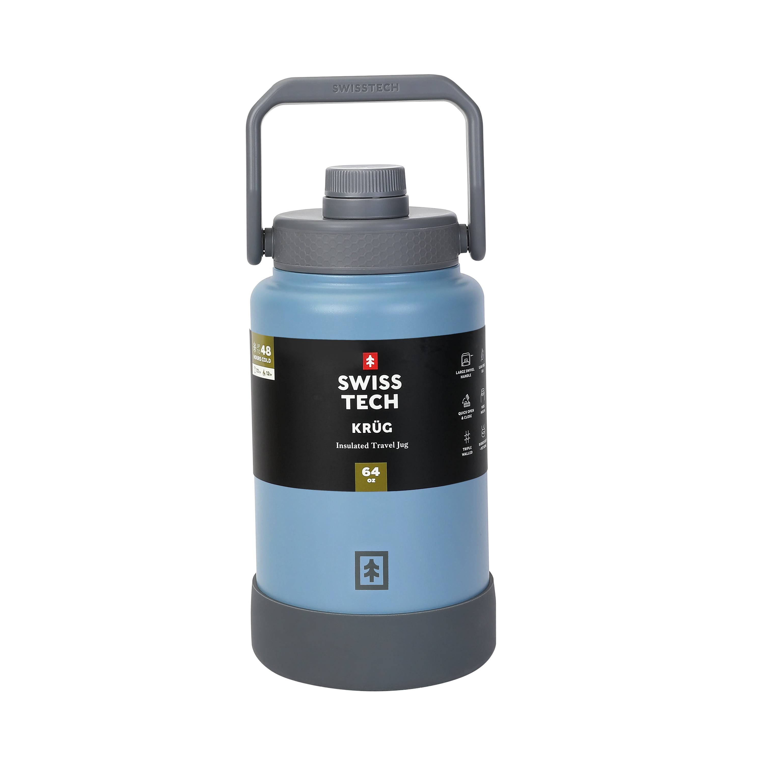 Swiss Tech 64oz Krug Stainless Steel Water Bottle Jug with Chug Cap and Silicone Boot, Blue