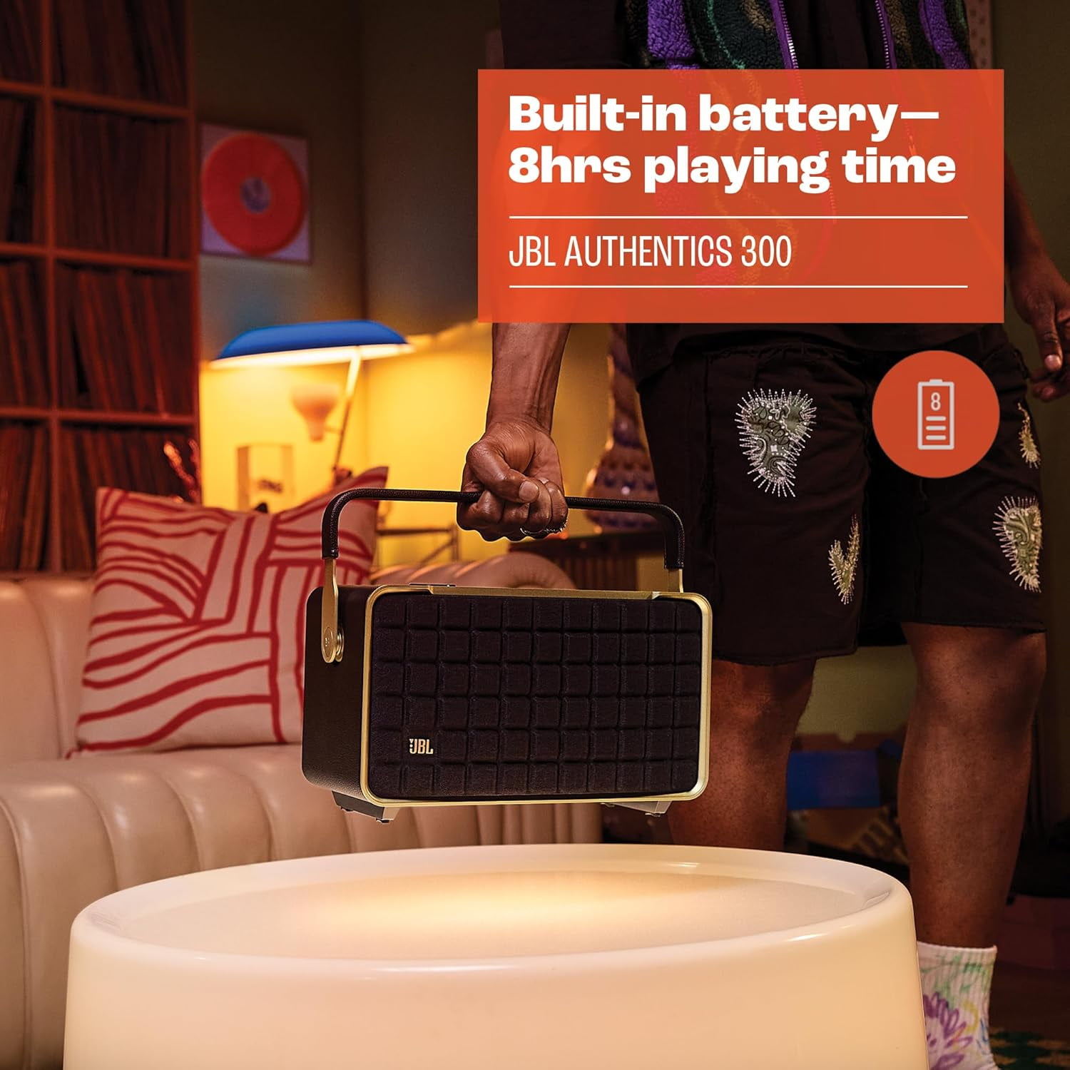 Open Box JBL Authentics 300 - Retro Style Wireless Bluetooth/WiFi Home Speaker, Built in Battery (4800mAh), Music Streaming Services via Built-in Wi-Fi, Built in Alexa and Google Assistant (White/Gold)