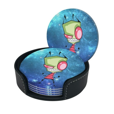 

Invader Zim Cartoon Round Coaster Set Of 6 Tabletop Protection Mats Leather Drink Cup Coasters Kitchen Coffee Decor