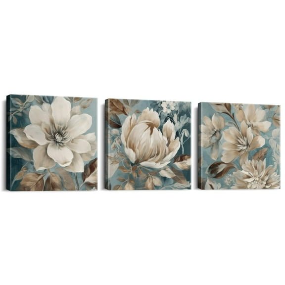 3 Piece Lotus Flower Canvas Wall Art for Living Room White and Indigo Blue Floral Picture Wall Decor for Dining Room Bedroom Bathroom Kitchen Print Painting for Home Decorations.