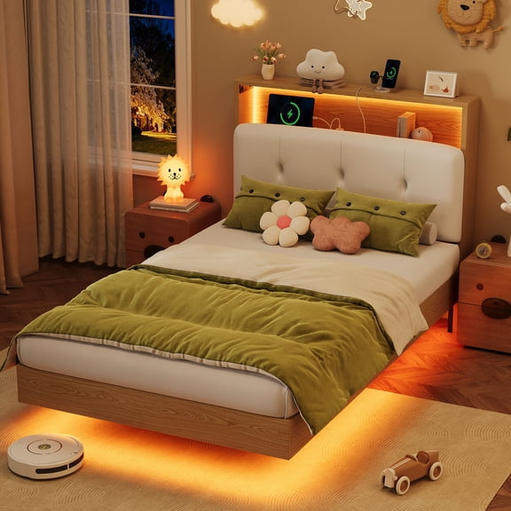 Einhomn Twin Size Floating Bed Frame with Storage Upholstered Headboard, LED Lights & Charging Station, Natural