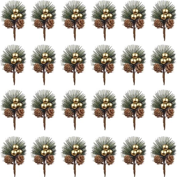 24PCS Artificial Pine Picks, Pine Needles Branches with Gold Berry Stems, Small Fake Berries Pinecones Branches for Crafts Christmas Tree DIY Garland Holiday Wreath(Gold)