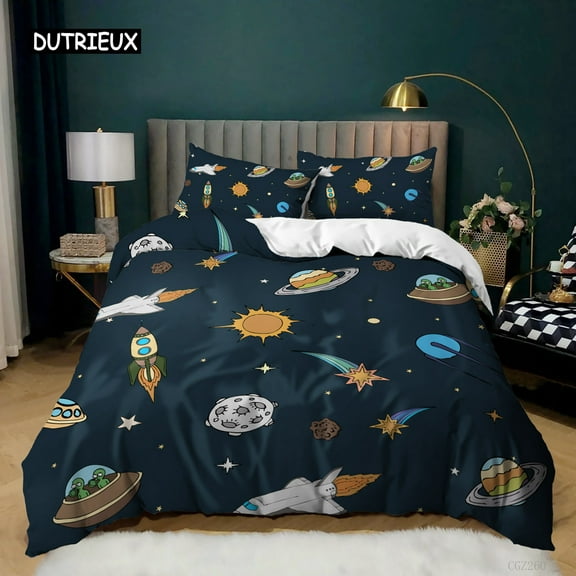 Spacecraft Duvet Cover for Boys Kids Astronomy Bedding Set Microfiber Outer Space Adventure Colorful