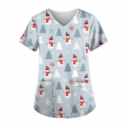 

RPVATI Women Plus Size Scrubs Top on Clearance V Neck Christmas Nurse Uniform Snowman Printed Loose Fit Tee Shirts for Women Short Sleeve Clothes for Women 2023 with Pockets Gray M