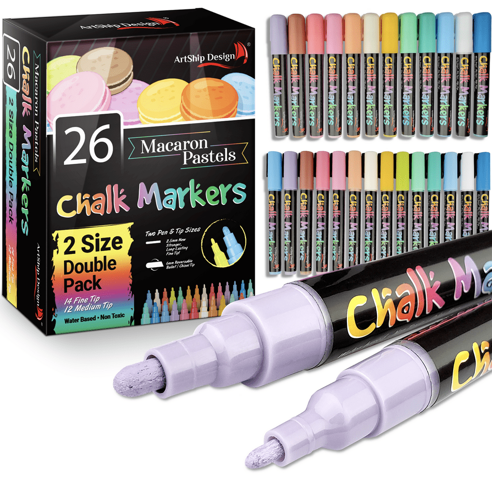 26 Macaron Pastel Chalk Markers Double Pack of Extra Fine and Medium