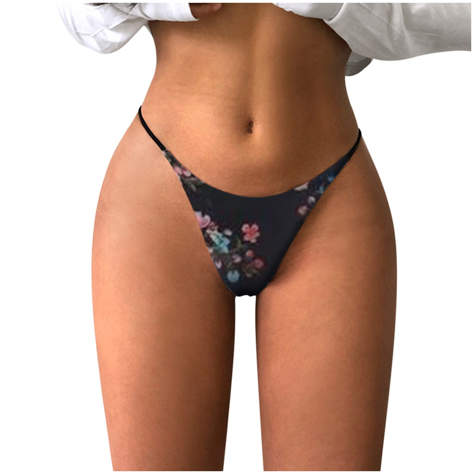 Sksloeg Thongs for Women Seamless Thongs for Women No Show Panties Stretch  Floral Printed Underwear Sexy G-String Thongs Bottom,Black L 