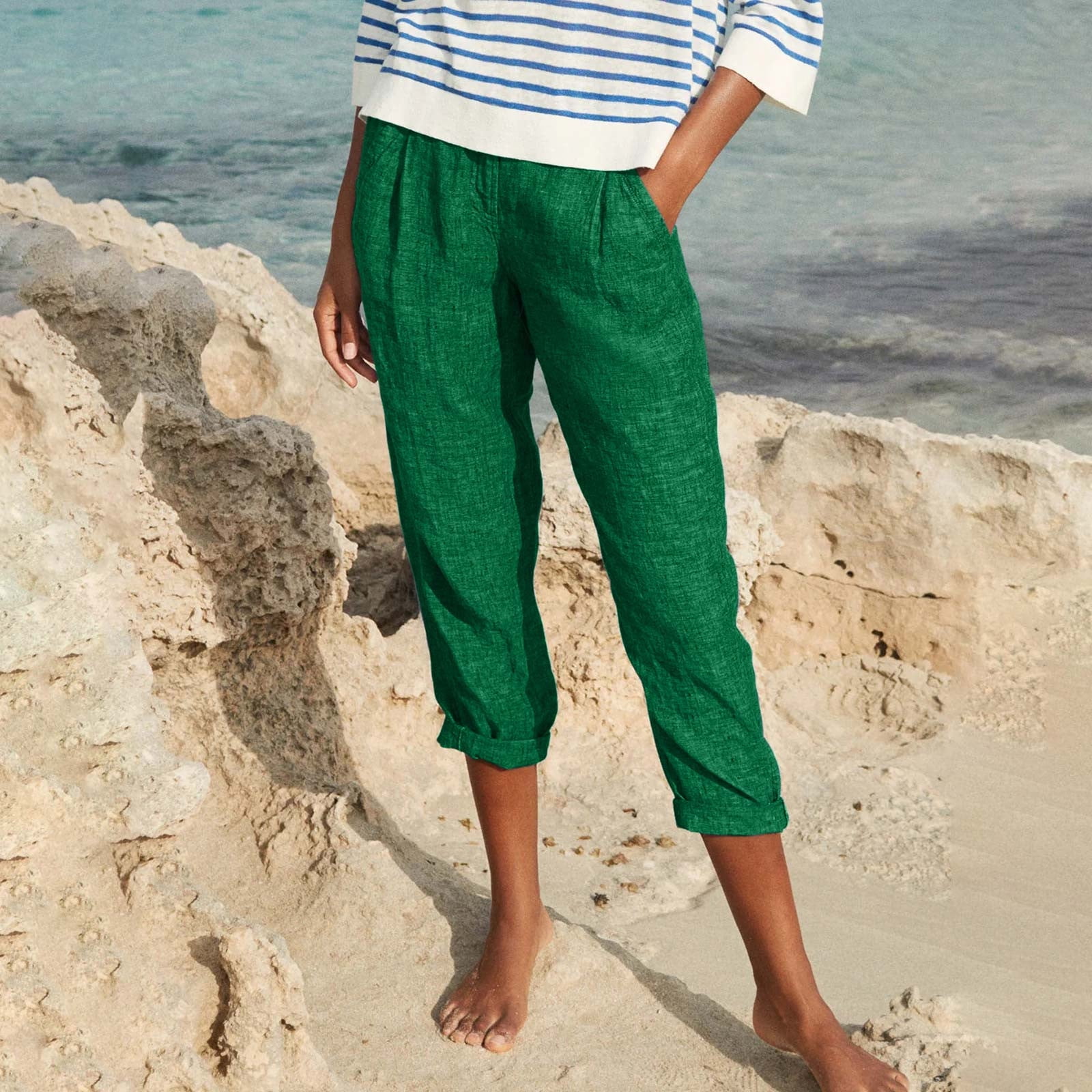 Bermuda En Lin Pour Femme - Taille Haute, Longueur Genou, Coupe Décontractée Avec Poches (grandes Tailles Disponibles) - 7