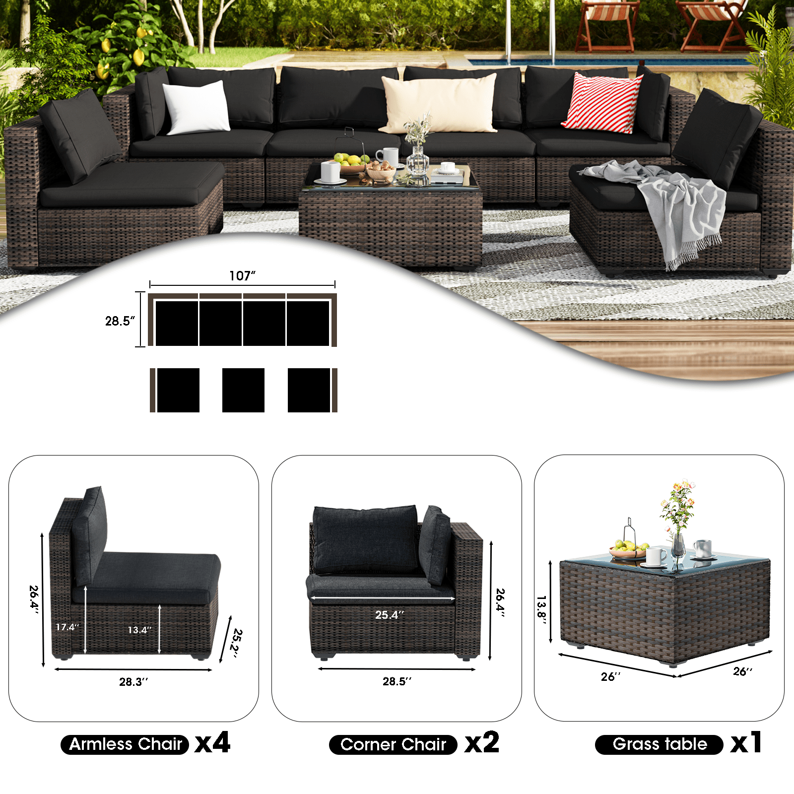Grezone 7 Patio Outdoor Furniture Wicker Sectional Sofa Couch Lawn Sectional, Black