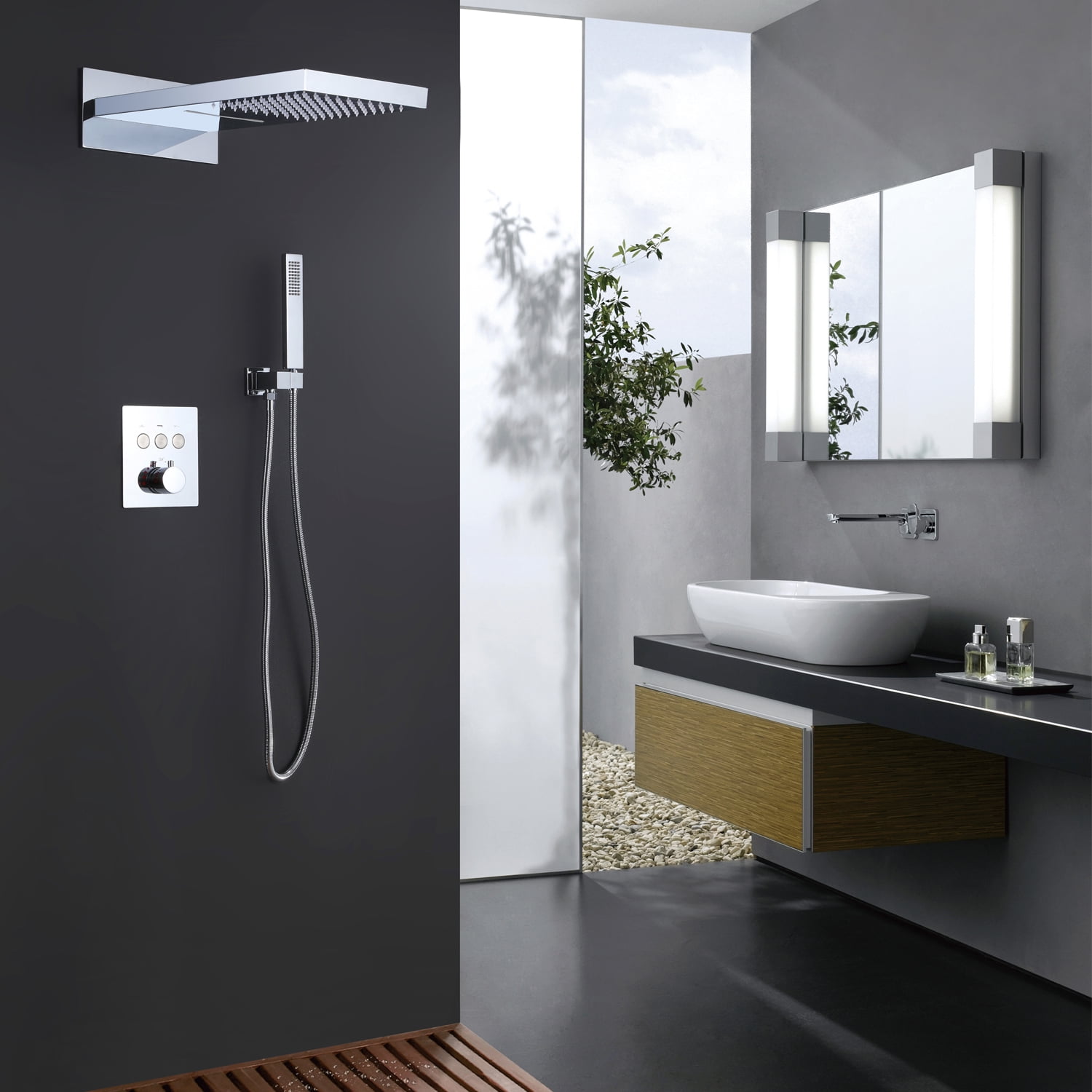 Three Functions Thermostatic Shower System, Dual-function Rainfall Shower Head with Handheld Sprayer