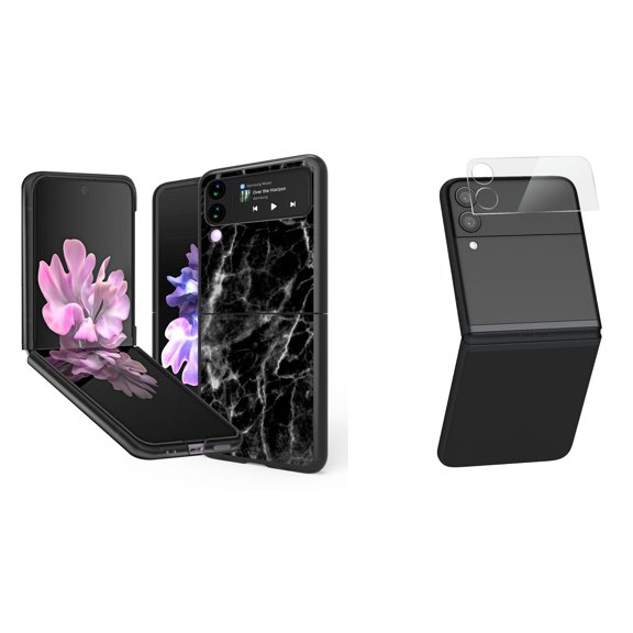 Bemz Premium Bundle for Samsung Galaxy Z Flip 3 5G: Slim Snap-On Protector Case (Black Marble), Rear Camera Glass Protector