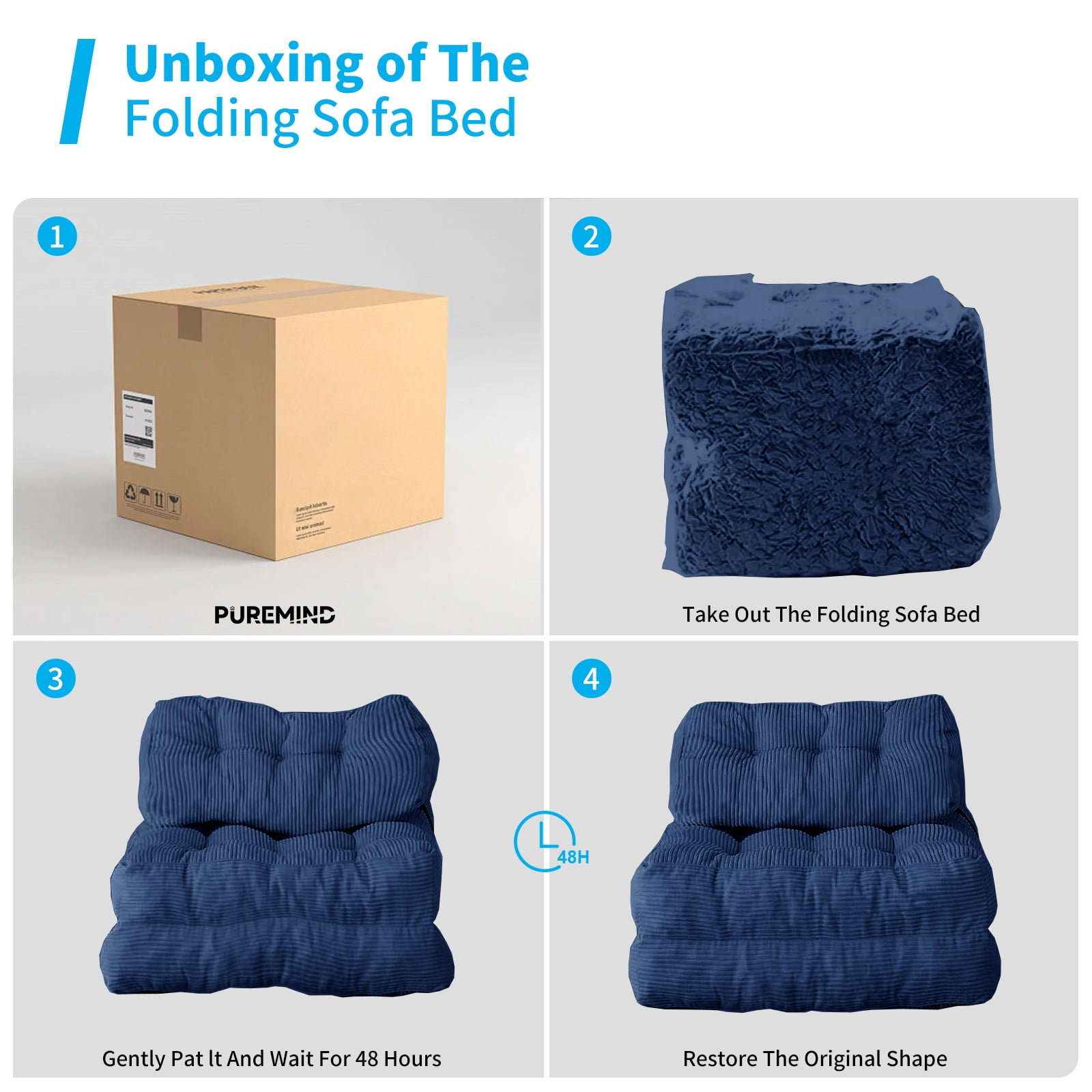 BALUS  Boneless Futon Couch Bed, No Assembly Sofa Chair for Sleeping, Dorm Sofa Bed for Apartment/ Living Room, Corded, Dark Blue