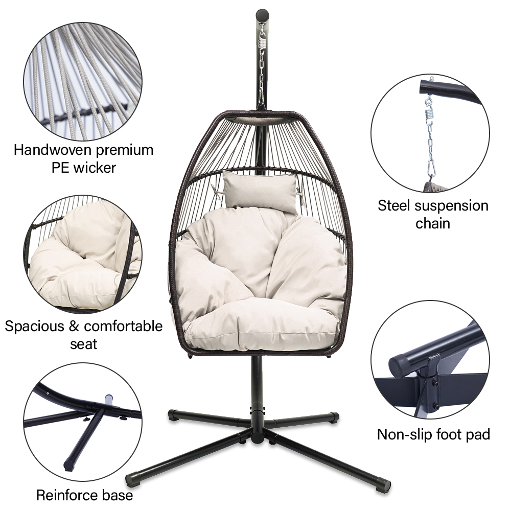 Hanging Chair Swing Egg Chair, Outdoor Rattan Egg Swing Chair, Heavy Duty Hammock Chair with Stand, Cushion and Pillow, Steel Frame Loading 250lbs for Indoor Outdoor Bedroom Patio Garden, B047 - image 4 of 10
