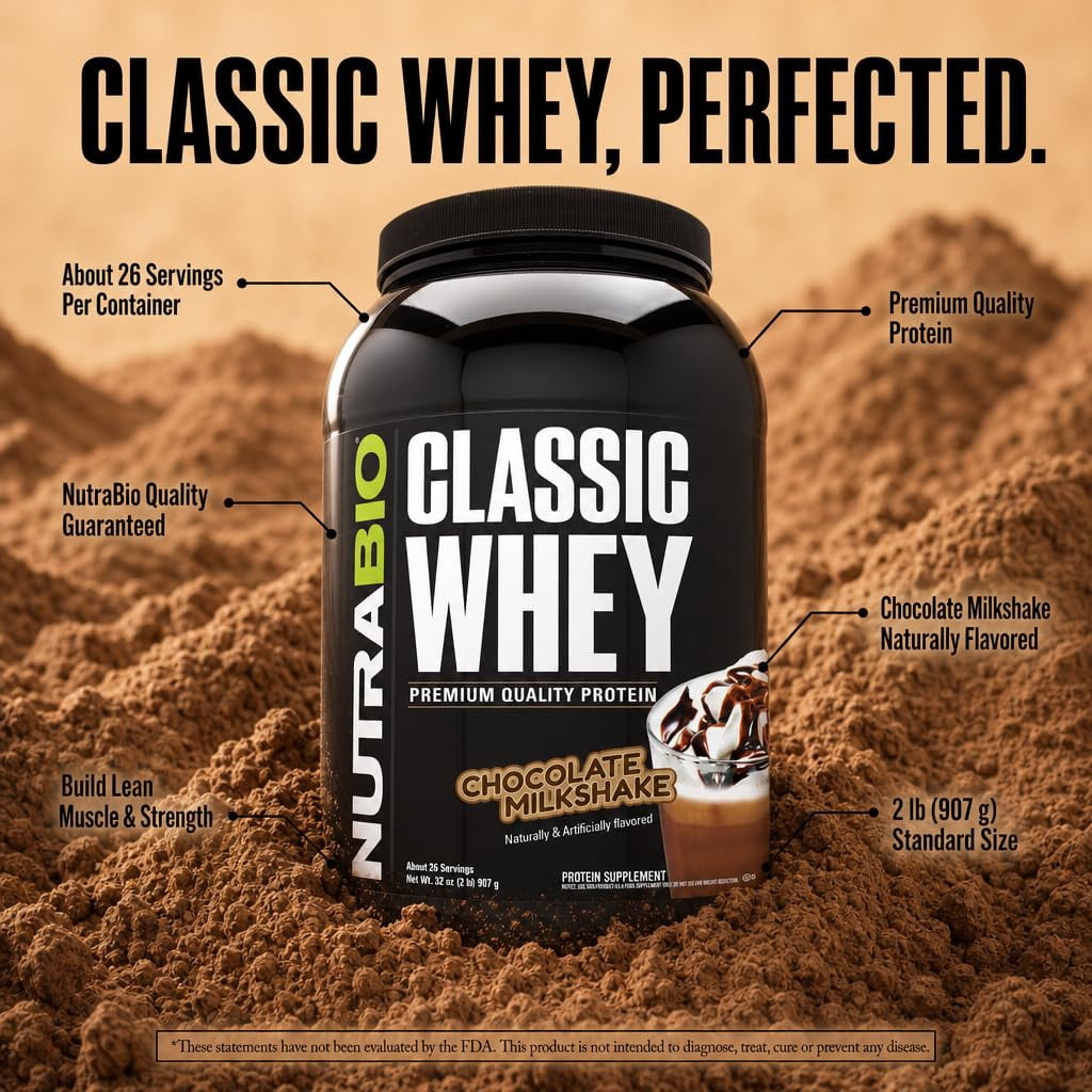 NutraBio Classic Whey Protein Powder- 25G of Protein Per Scoop - No Fillers, Artificial Colors, Preservatives - Chocolate Milkshake, 2 Pounds