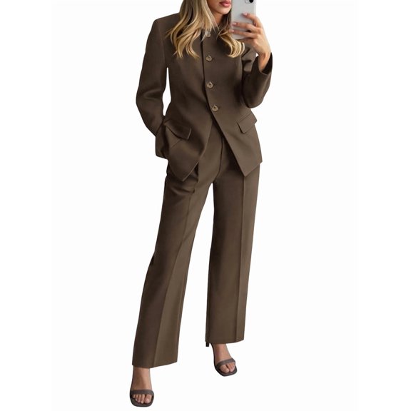 Women Suits 2 Piece Set Business Casual Dressy Blazer Jacket and Wide Leg Pantsuits Formal Outfits Brown S