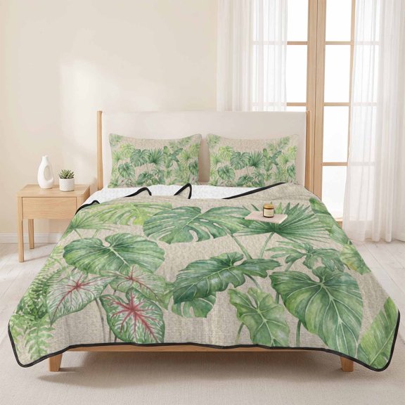 3 Pieces Queen Quilt Set,Watercolor Monstera Leaves on Linen Soft Bedding Sets with 1 Quilt & 2 Pillow Shams,Botanical Green Leaf Summer Bedspread Lightweight Coverlet Comforter