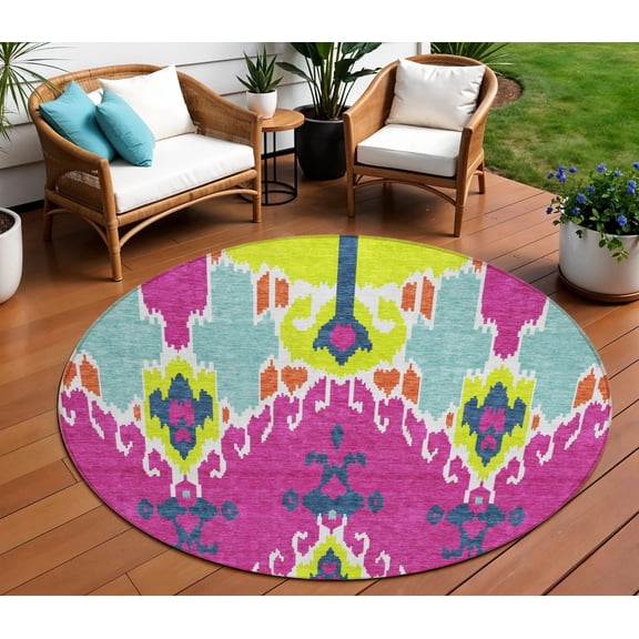 HomeRoots 584724 8 ft. Round Ikat Washable Indoor & Outdoor Area Rug, Pink, Lime Green & Orange