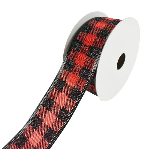 Glitter Buffalo Plaid Wired Ribbon, 1-1/2-Inch, 10-Yard (Red)