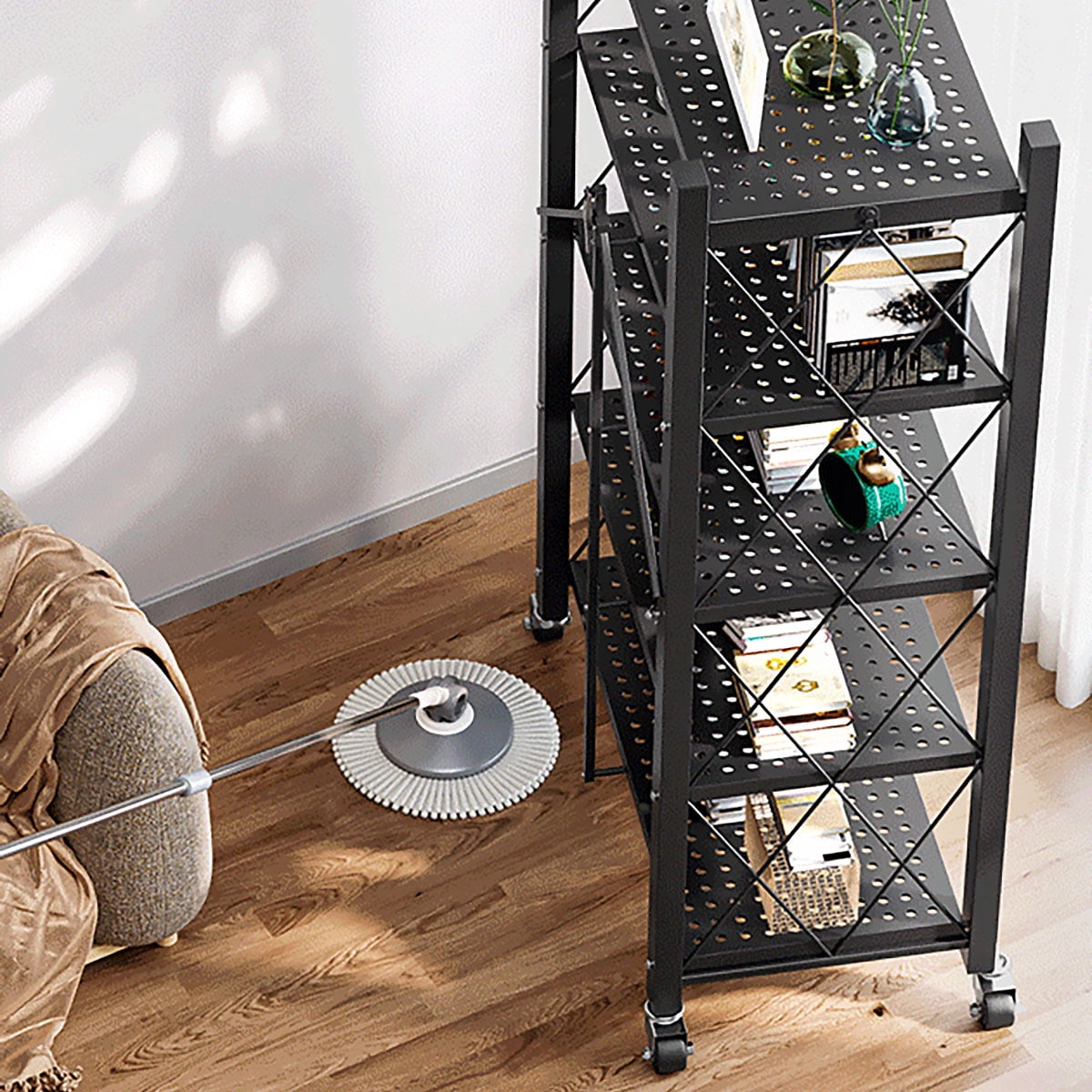 Joybos 5-Shelf Heavy Duty Metal  Storage Shelves with Wheels and Privacy Curtains, No Assembly Organizer Wire Shelf Rack for Kitchen, Basement, Pantry