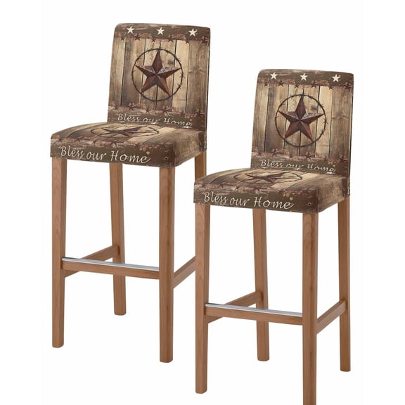 Rustic Country Bar Stool Covers Set of 2, Western Stars Brown Texture Wooden Print Stretch Washable Bar Chair Covers with Backs, Removable Pub Counter Height Chair Cover for Kitchen Dining Room Cafe