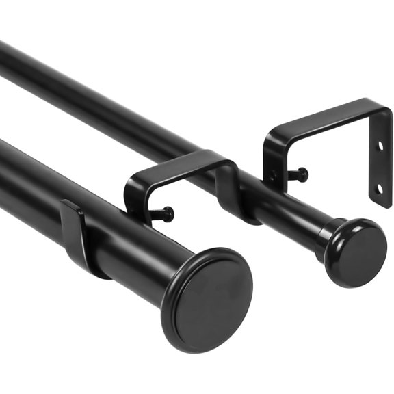 Urbanest Adjustable Double Curtain Rod Set Bouton Flat Button Finials – 1″ Front & 5/8″ Back Rod With Black Rod, 28–48 Inches
