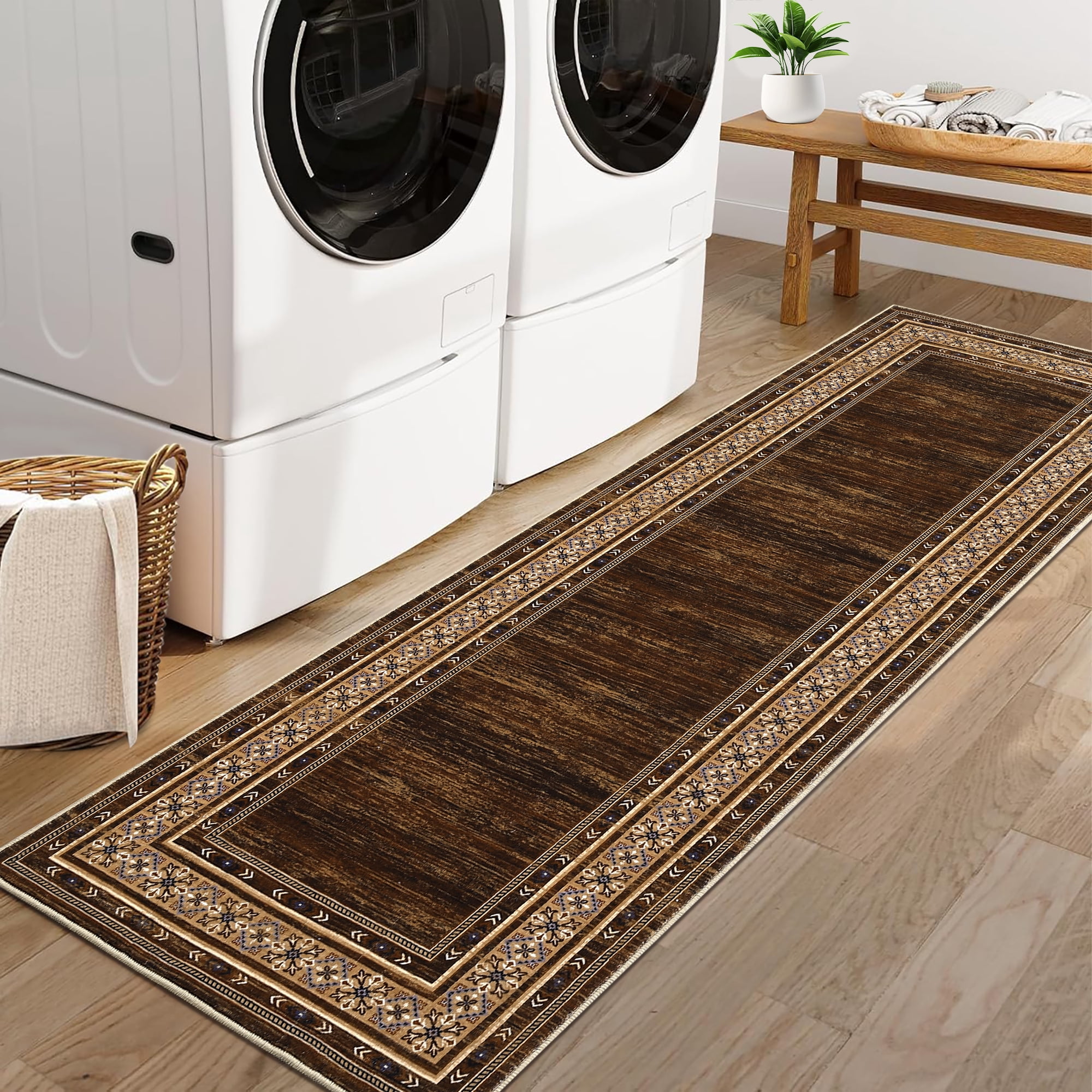 Brown Washable Runner Rug 2' × 6' – Non Slip Low Pile Stain Resistant Hallway Rug for Kitchen, Entryway, Laundry Room, Vintage Bordered Carpet for High-Traffic Areas