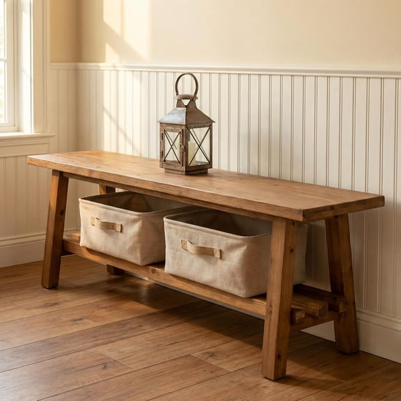 Tribesigns 55" Farmhouse Entryway Bench, 2-Tier Solid Wood Bench with Shelf for Hallway, Living Room, Bown
