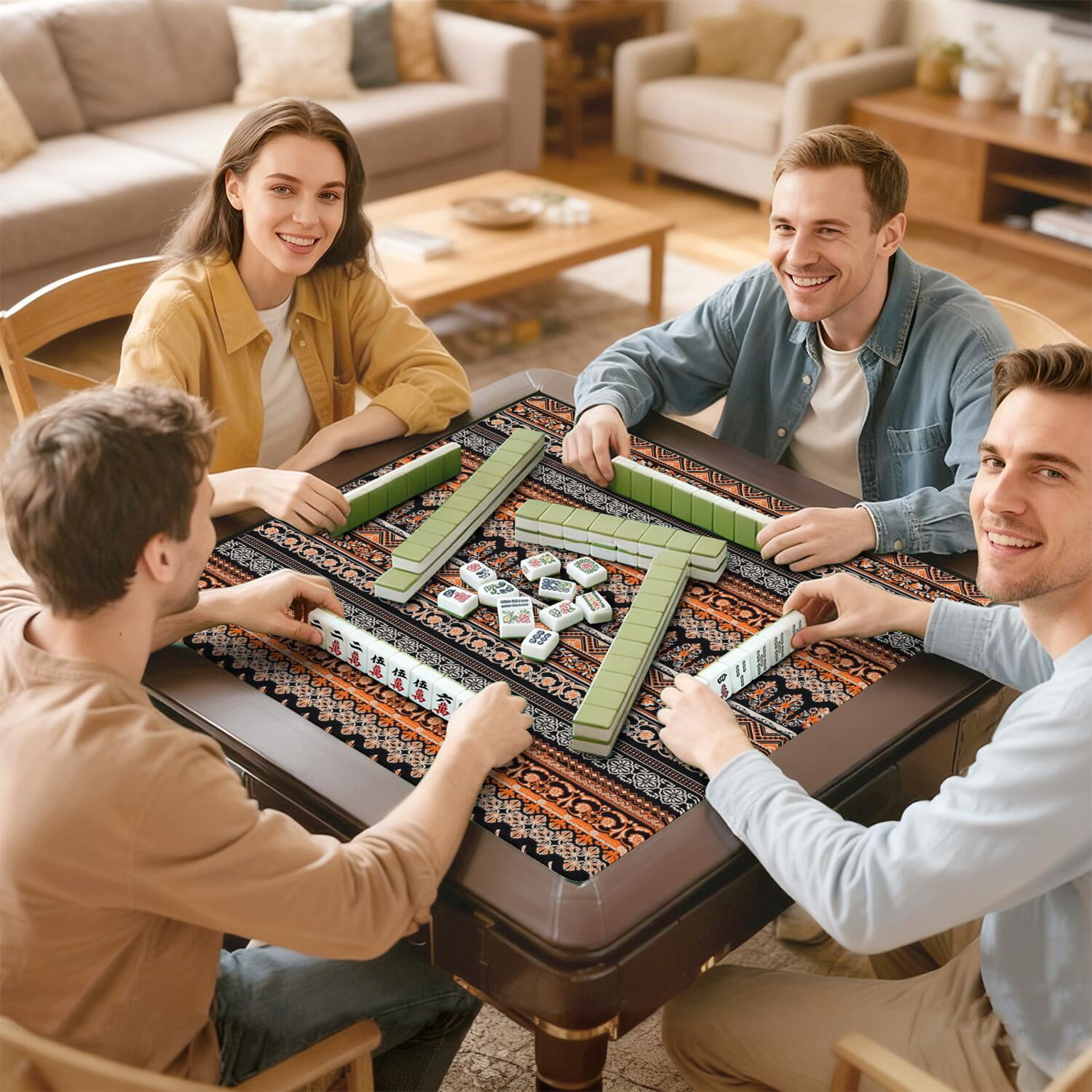 Boho Style Large Rubber Mahjong Playing Mat 31.5x31.5 Inch Game Table Cover Features Non-Skid Bottom for Stability and Noise Dampening for Tiles and Cards