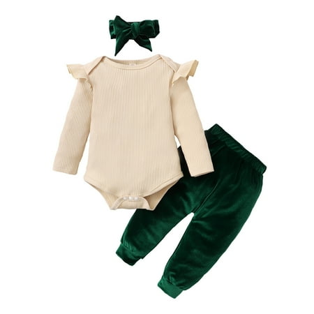 

Infant Baby Girls Clothes Baby Girls Outfits Ruffle Long Sleeve Romper Top Pants Headband 3PCS Set Apricot 6-9 Months