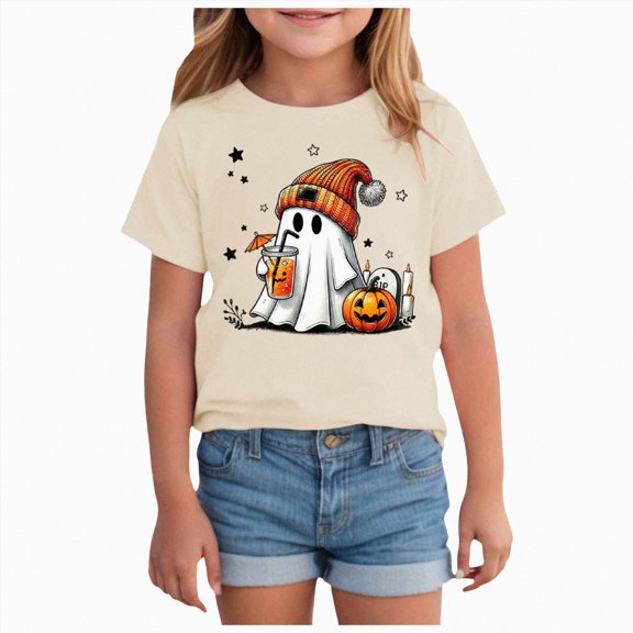 Toddler Baby Girl Halloween Shirt Kid Cute Bow Ghost T-Shirt Kids Short Sleeve Spooky Season Gift Tee Tops 7-8 Years Beige