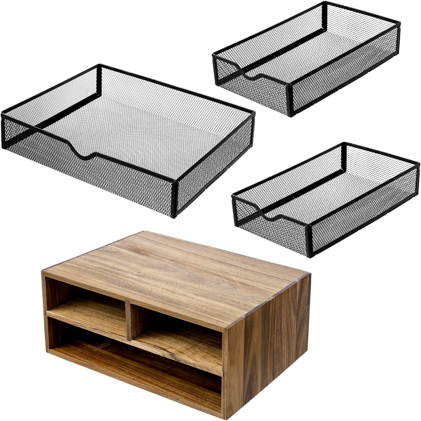 Premium Acacia Solid Wood Desktop Organizer Box with 3 Removable Black Metal Mesh Trays, Rustic Office Desk Supplies Storage Drawers for Accessories