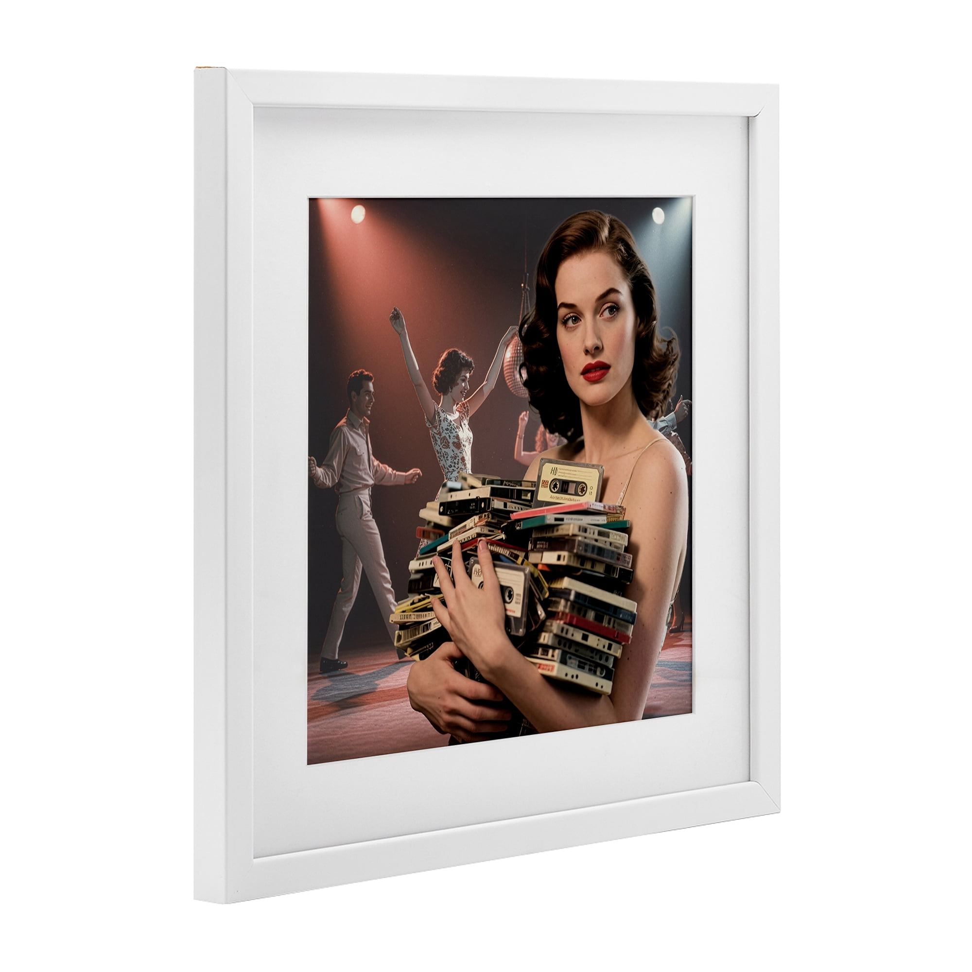 Stupell Industries Woman Holding Vintage Cassette Collection White Framed Print Under Glass, design by CAD Designs