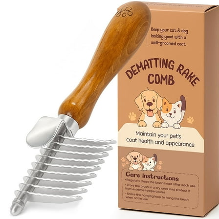 Takavu Dematting Rake Comb with Safety Blades for Dogs & Cats, Undercoat Grooming Tool Removes Mats, Knots & Tangles, Wooden Handle